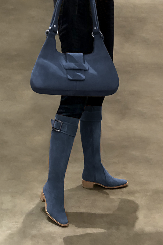 Denim blue women's riding knee-high boots. Round toe. Low leather soles. Made to measure. Worn view - Florence KOOIJMAN